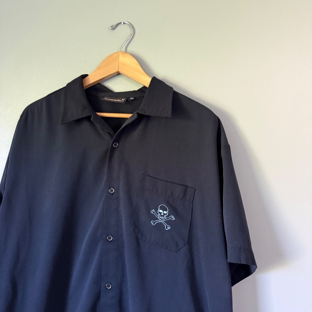 Vtg Y2K Skull Crossbones Embroidered Black Steady Last Call Bowling Shirt SZ XL